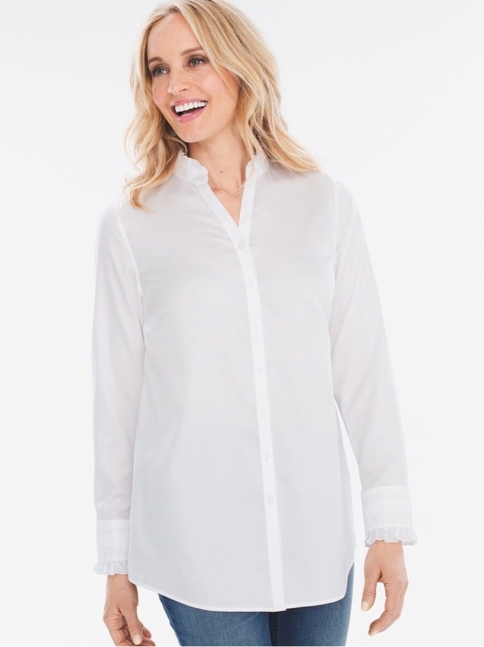 Chicos no-iron cotton white button down shirt Ruffle trim long line size 2 large